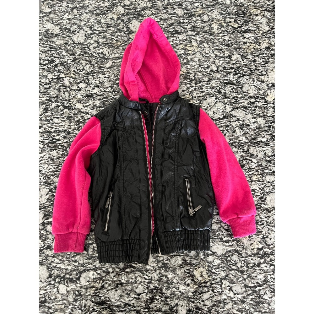 Yoki New York Girls Black Faux Leather Hot Pink Fleece Bomber Jacket M 5-6‎